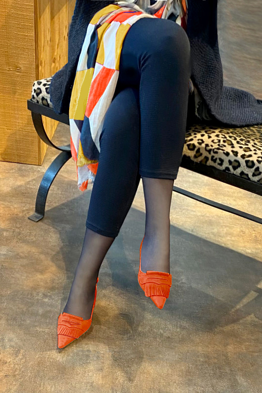 Clementine orange women's slingback shoes. Pointed toe. Medium spool heels. Worn view - Florence KOOIJMAN